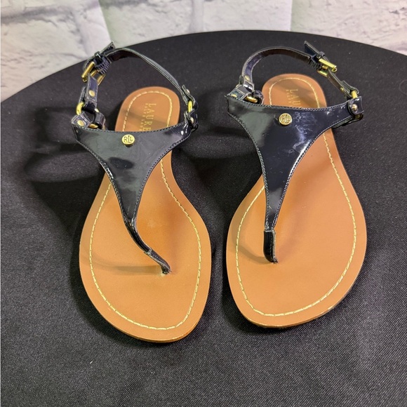 Shoes - Lauren Ralph Lauren Womens Patsi T-Strap Thong Flat Sandals Size 8B Black Logo